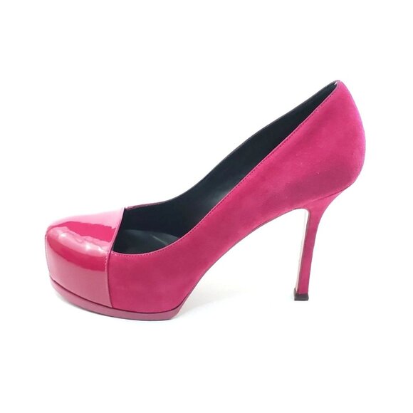 Yves Saint Laurent Tribtoo Platform Pumps Pink Suede Patent Cap Toe 36.5 US 6.5 - Picture 1 of 12